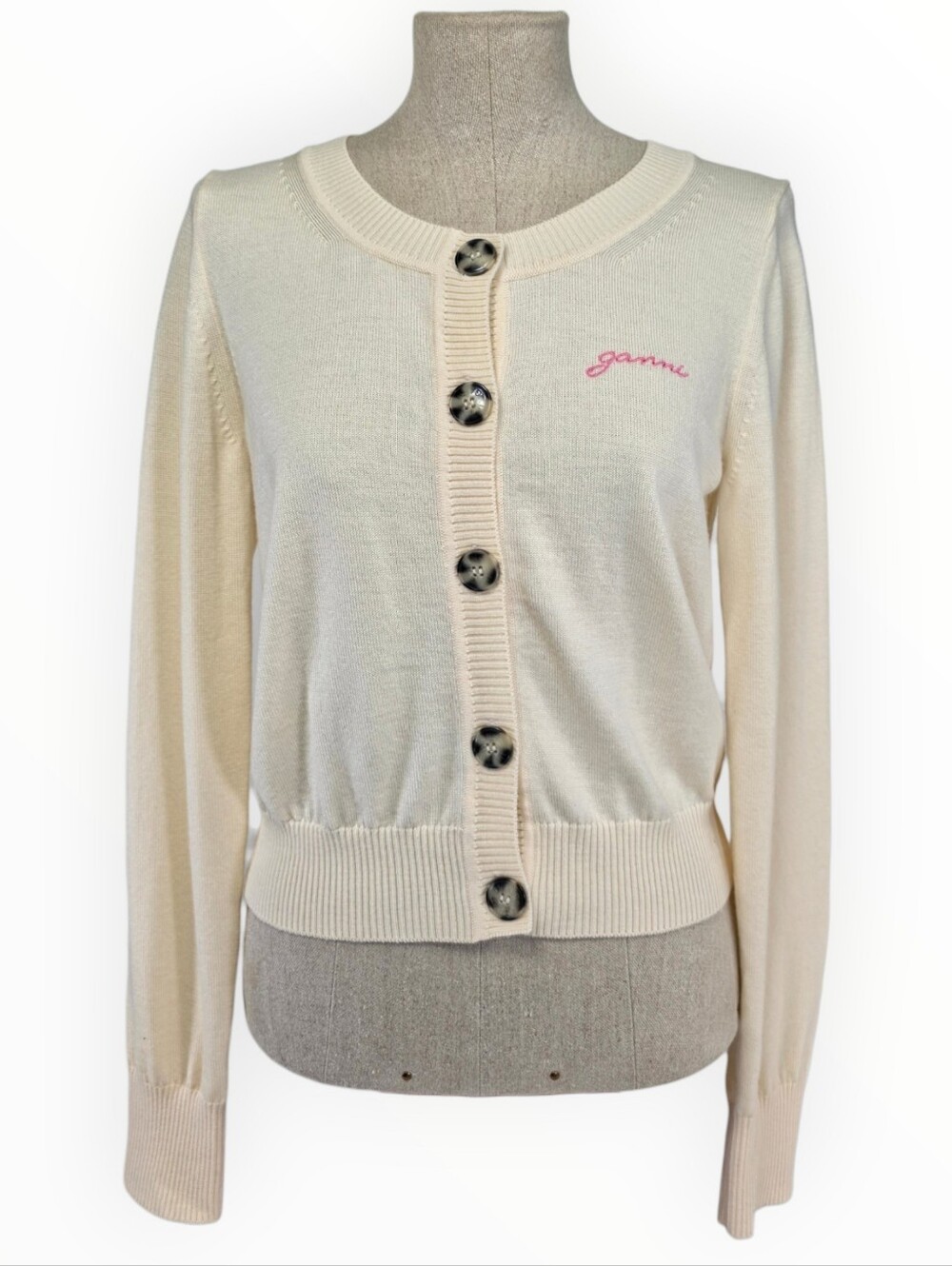GANNI Wool Cardigan M Cream Pink Embroidered Logo Button Sweater